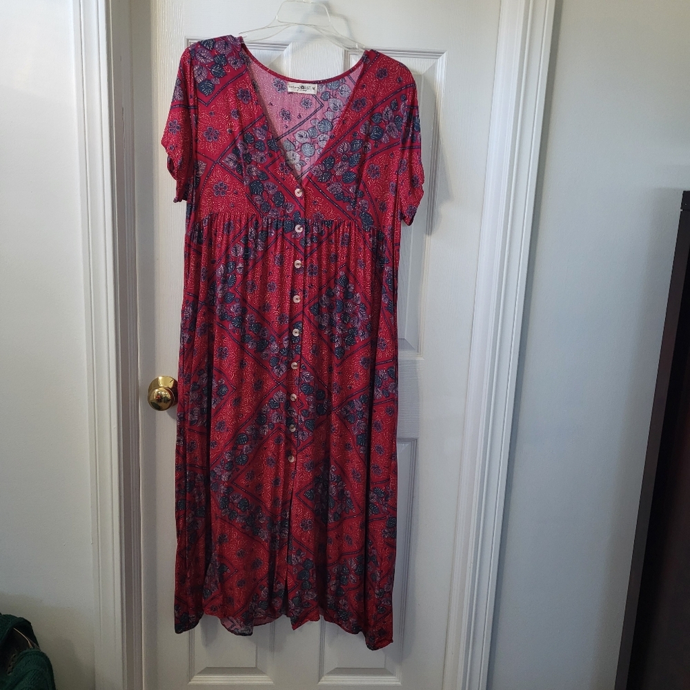 NATURAL LIFE Red and Blue Boho Midi Dress